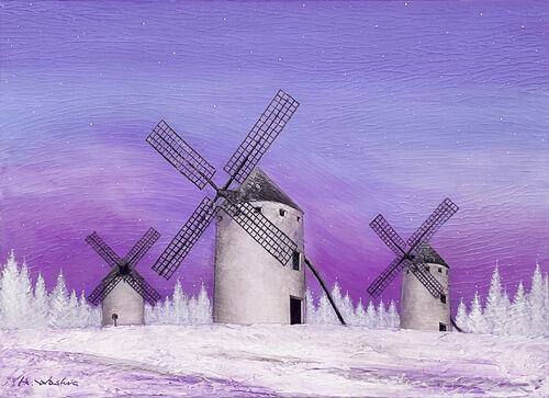 紫に染まる冬の風車