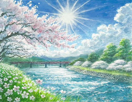晴天の桜と川