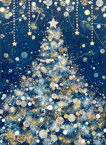 クリスマスツリー雪と星の夜P8号