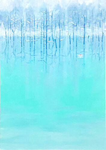 雪つもる青い池