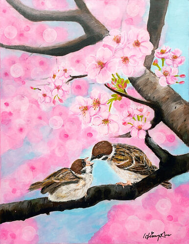 桜満開　雀の親子