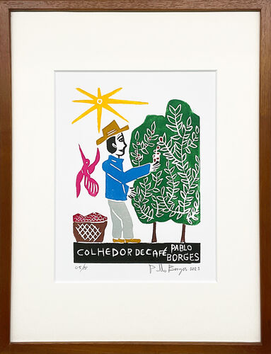 Pablo Borges パブロ・ボルジェス 木版画 S【Colhedor de Café】コーヒー豆を収穫する人